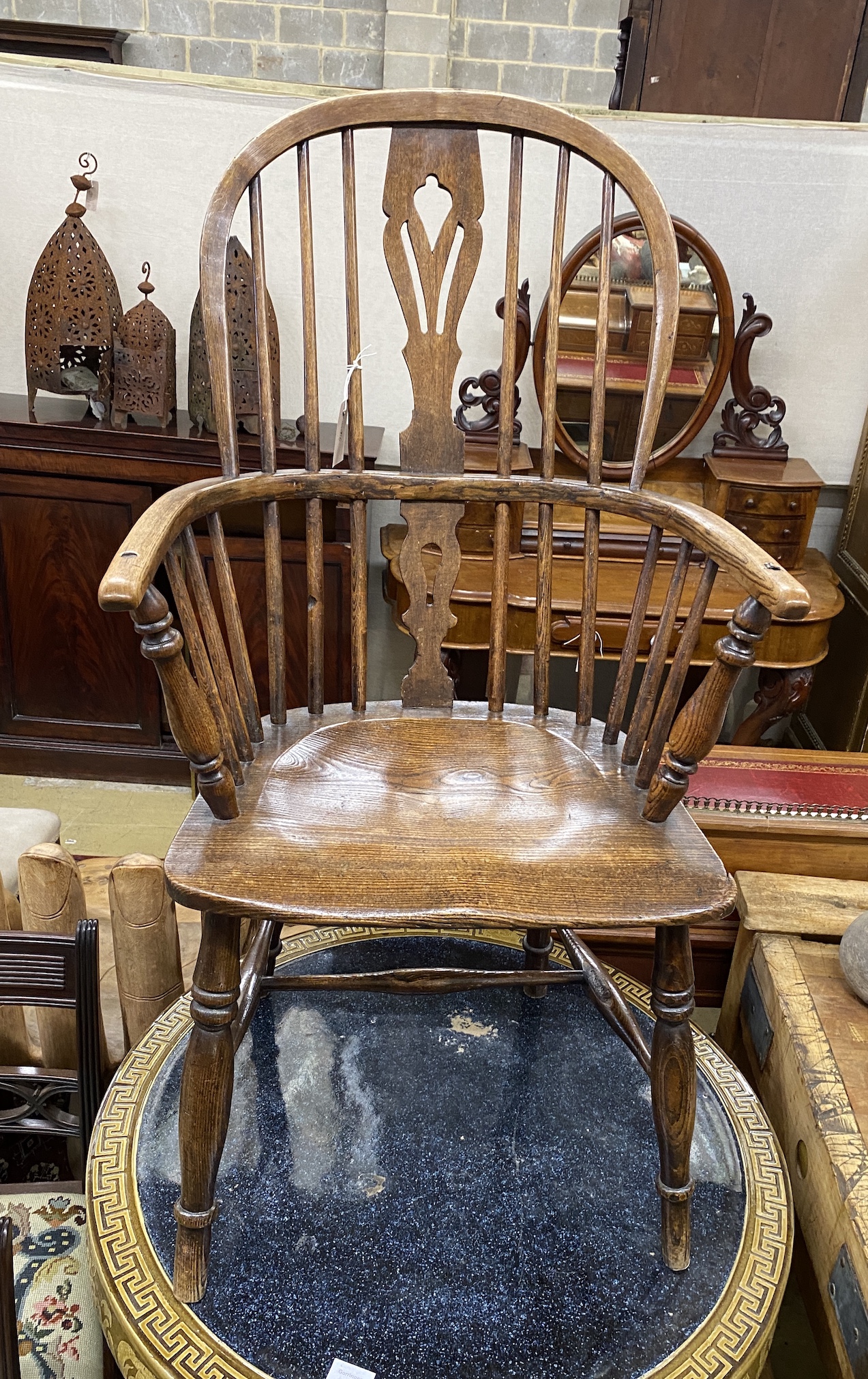 A 19th century ash and elm Windsor armchair, width 56cm, depth 40cm, height 107cm